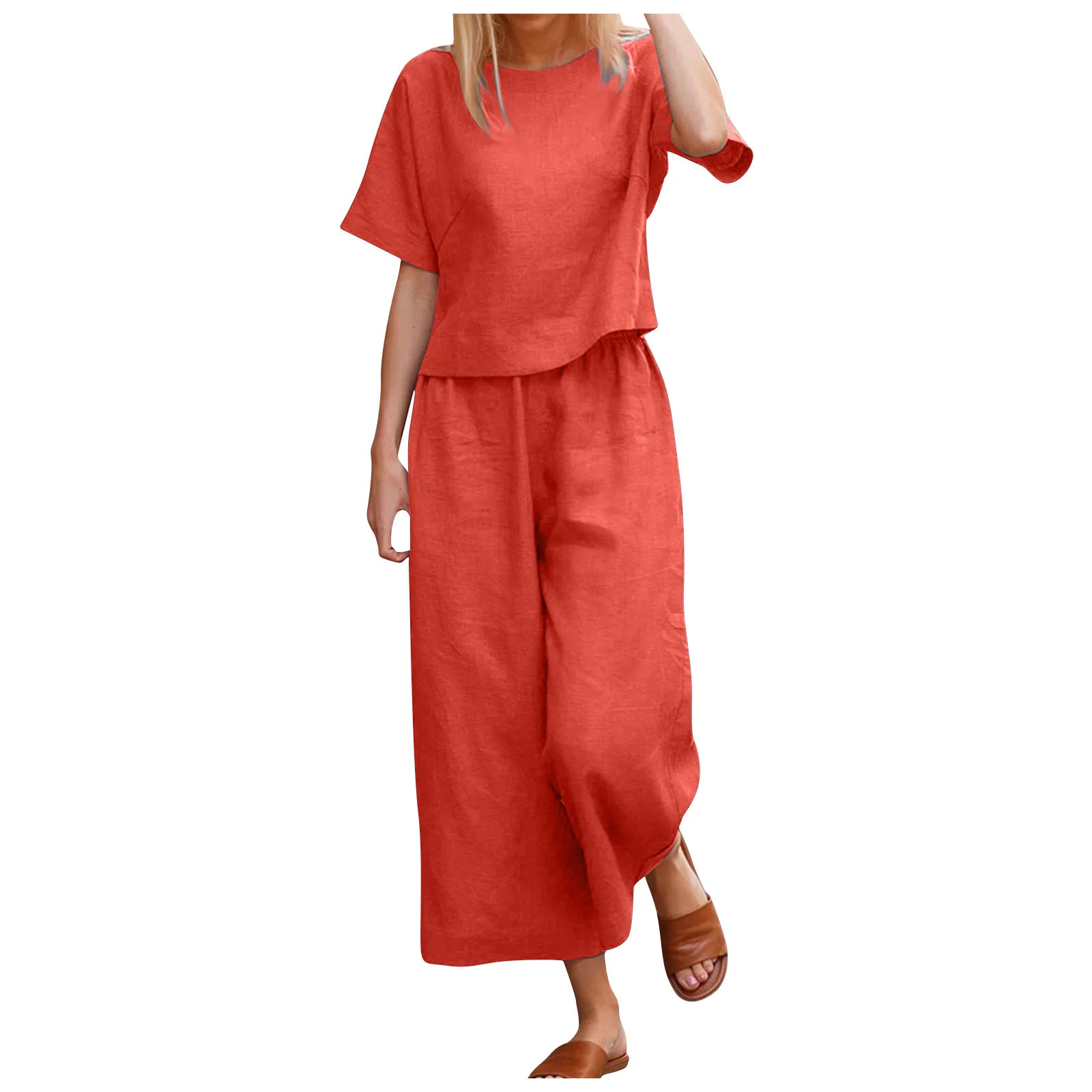

Women's Summer New Two Piece Suit Casual Cotton Linen Shirt Round Neck T-Shirt Short Sleeve Elderly Tops Loose Blouse