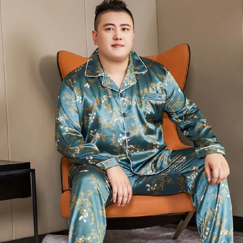 Flower Stain Pajamas Sets High-quality Light Luxury Men's Pajama Autumn Long-sleeve Cardigan Set Fashion Ice Silk Home Clothing