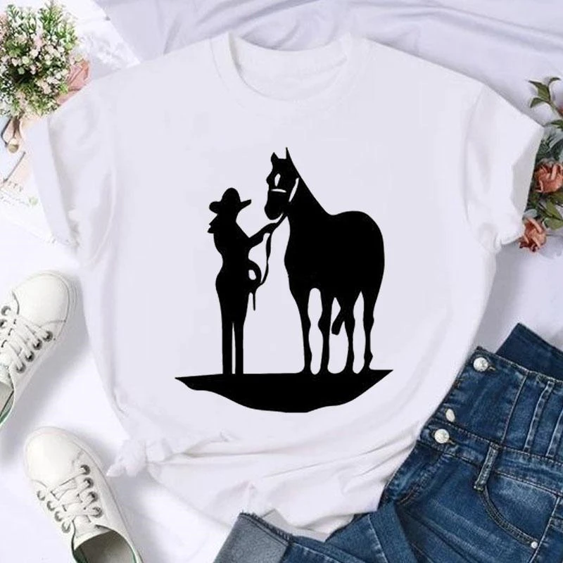 

Short Sleeve Horese Graphic 90s Cute Printed T Shirt Fashion Summer Women Female Casual Top Tshirts Cartoon Graphic Tee T-Shirt