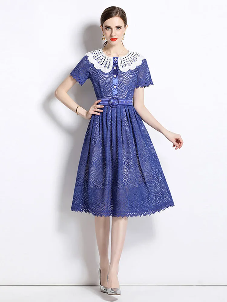 

Runway Designer Peter Pan Collar Blue Lace Dress Women 2023 New Summer Short Sleeve Midi Holiday Vestidos Party Robe Femmes XXL