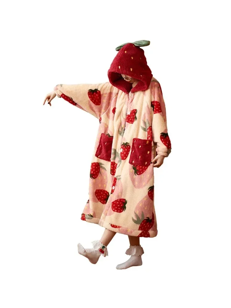 

2023 Winter Pajamas For Women Cartoon Hooded Long Robe Jacket Cute Home Wear Sleepwear Kawaii Flannel Warm Comfy Lounge Bathrobe