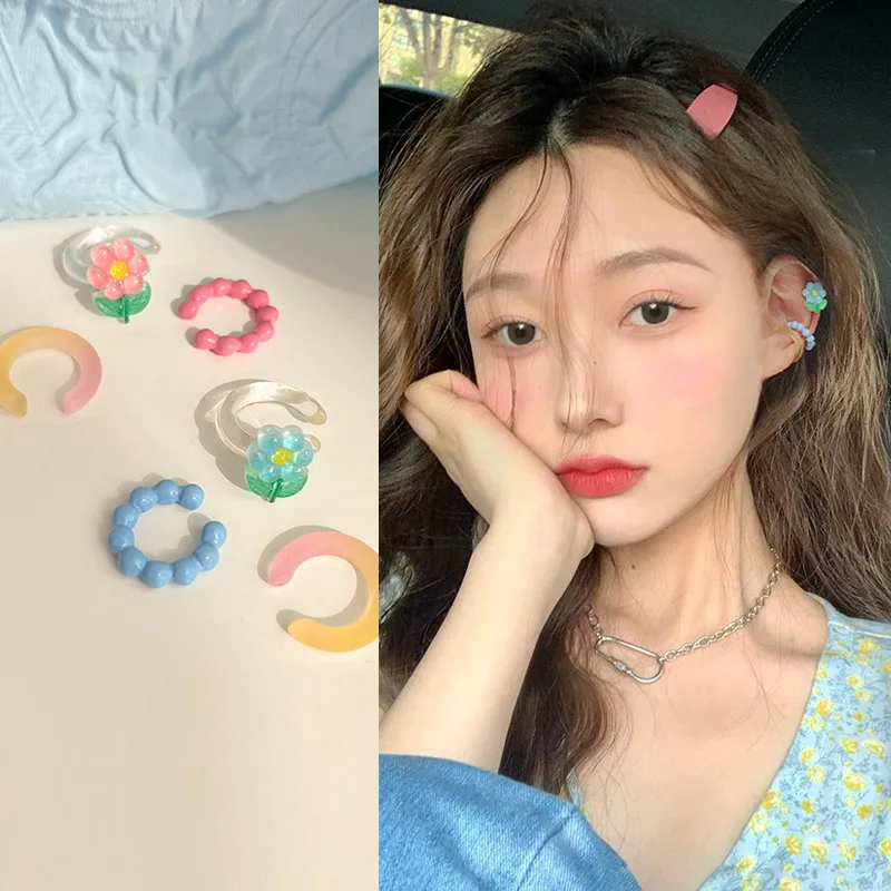 

3PC/Set Fashion Colorful Resin Flower Ear Bone Clip Non-Pierced Earring Multicolor Ear Cuff for Women Girls Aesthetic Jewelry
