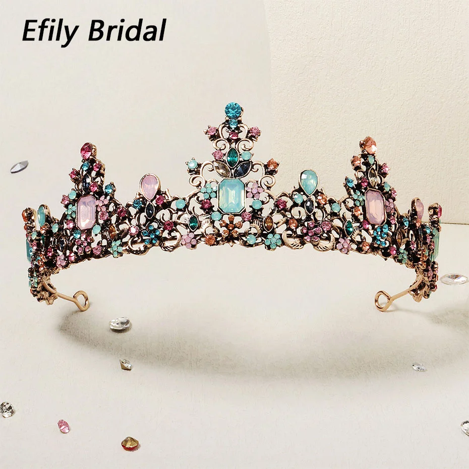 

Efily Baroque Vintage Crown Colorful Crystal Rhinestone Princess Tiara for Women Queen Diadem Wedding Hair Accessories Jewelry