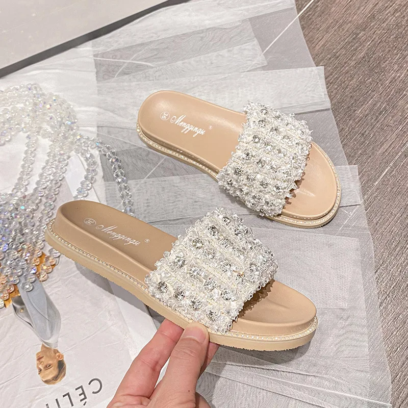 

Шлепанцы женские с блестками, повседневные туфли на плоской резиновой подошве, без застежки, блестящие, с кристаллами, большие размеры, лето...