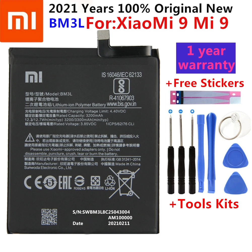 

100% Original Replacement Battery For Xiaomi 9 MI9 M9 MI 9 BM3L Genuine Phone Battery 3300mAh With Tools