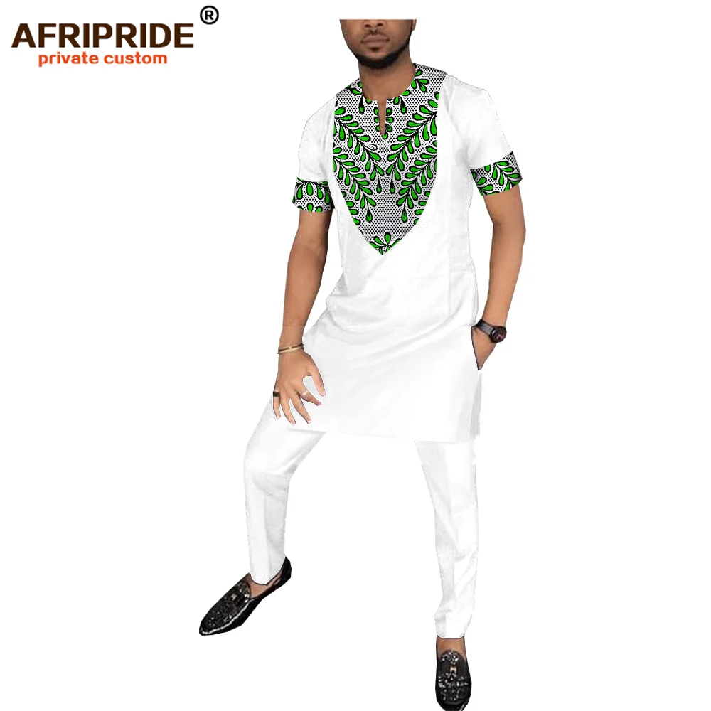 African Clothing Mens Long Shirt+Pant Set Dashiki Outfit Print Blouse Short Sleeve with Pocket AFRIPRIDE A1816009