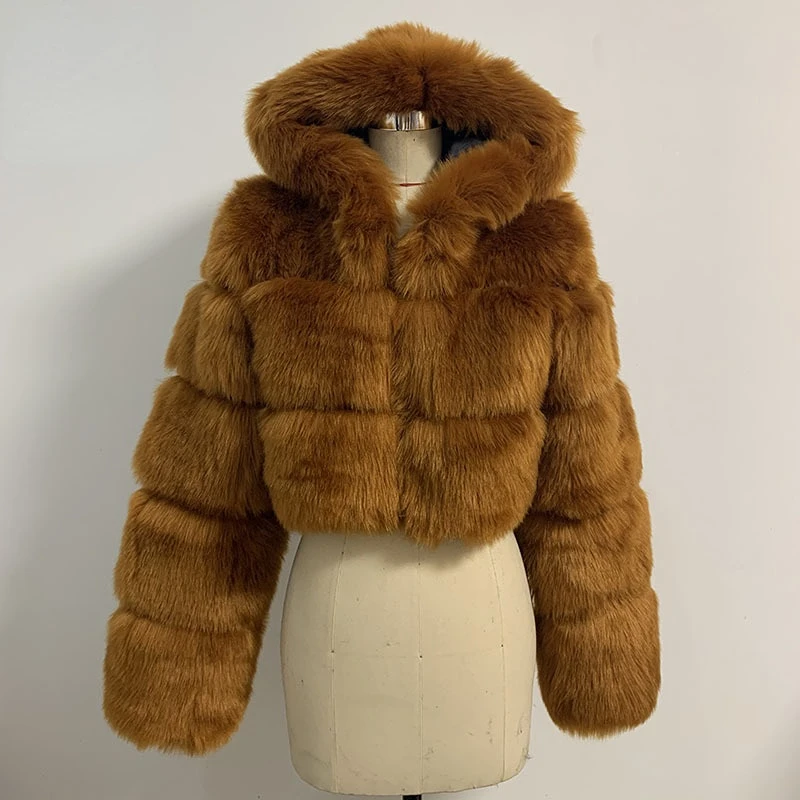 Short Hooded Fur Coat Women's Autumn Winter New Imitation Fox Fur Splicing Long Sleeved Faux Fur Coat Chamarras Para Mujer