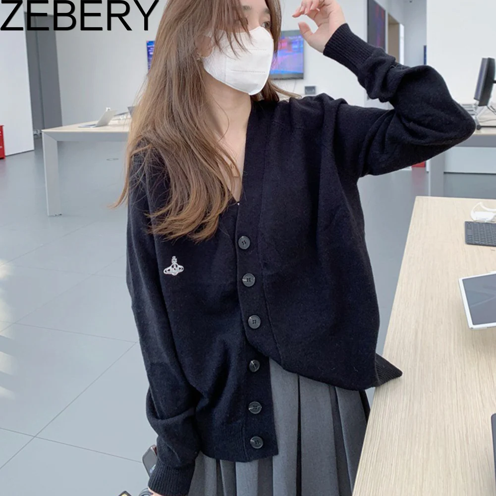

Повседневный длинный вязаный кардиган ZEBERY, женский осенне-зимний свободный свитер с V-образным вырезом и длинными рукавами, кардиган, Женск...