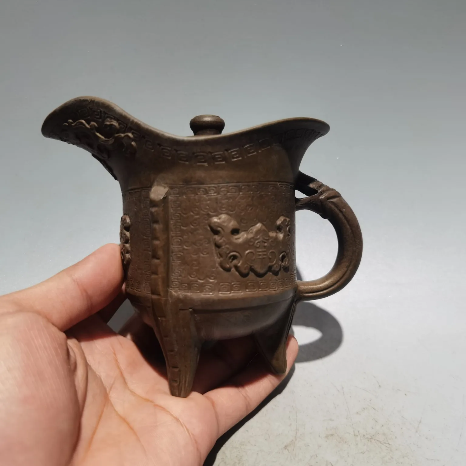 

10" Chinese Yixing Zisha Pottery Court Cup teapot pattern purple clay pot kettle downhill mud Ornaments Gather fortune