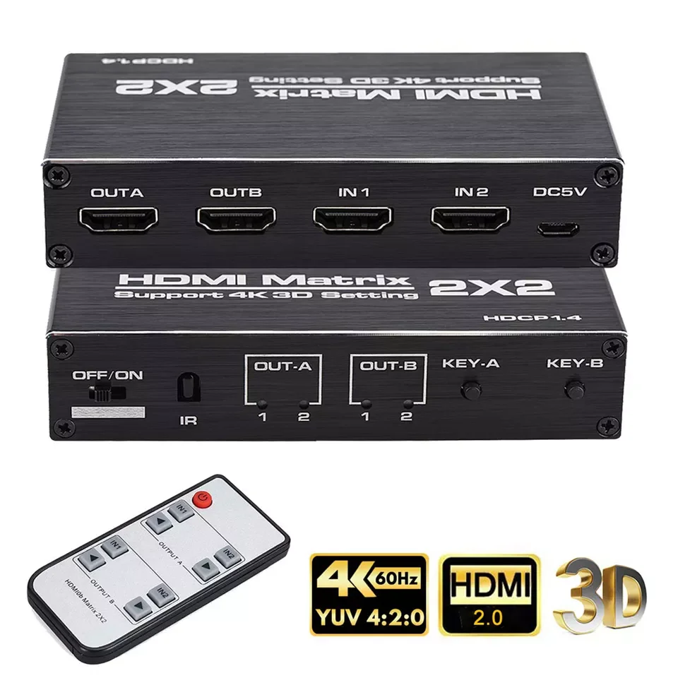 

4K@60Hz HDMI Matrix Switch 2x2 HDMI Switch Splitter Support HDCP 1.4 IR Remote Control HDMI Switch 2 In 2 Out HDMI Matrix Switch