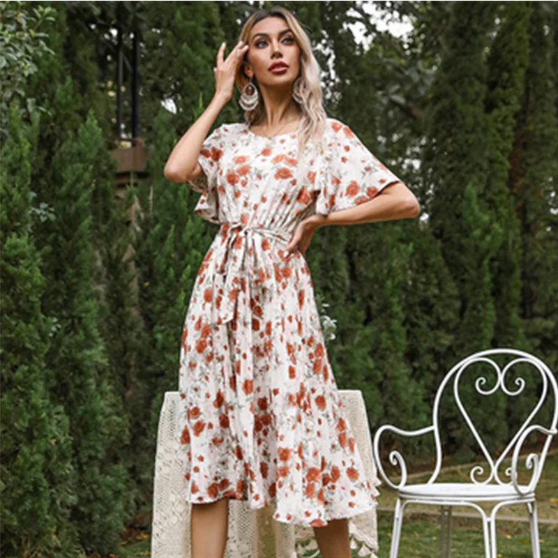 Floral Print Pleated Vacation Dress Summer O Neck Short Sleeve A-Line Sashes Midi Dresses for Pregnant Women vestidos de mujer