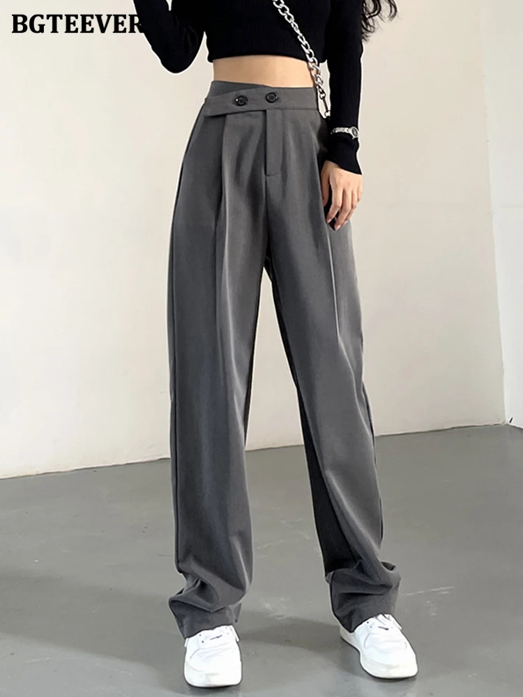 

BGTEEVER Spring Summer Loose Buttons Women Long Pants Fashion High Waist Pockets Ladies Wide Leg Trousers