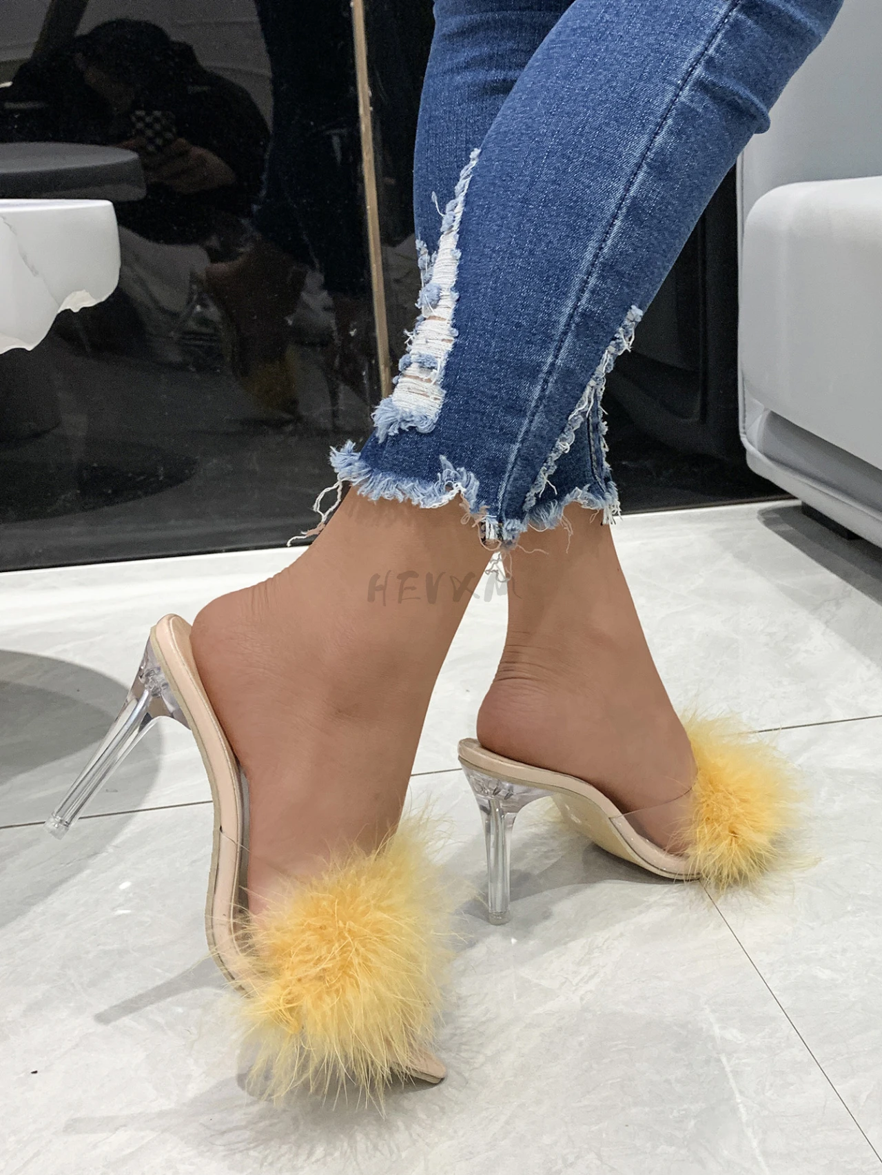 

Summer New Sexy Feather Woman Slippers High Heels Fur Stiletto Peep Toe Mules Lady Slides Shoes Zapatillas Mujer Casa