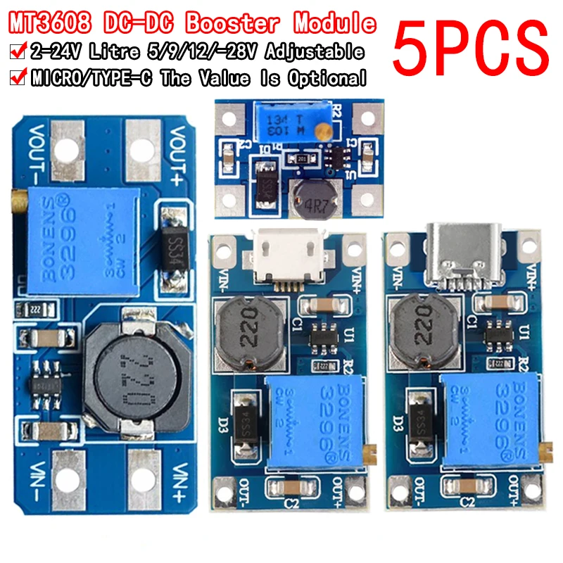 

5PCS MT3608 DC-DC Step Up Converter Boost Step-up Board MAX output 28V 2A Booster Power Supply Module