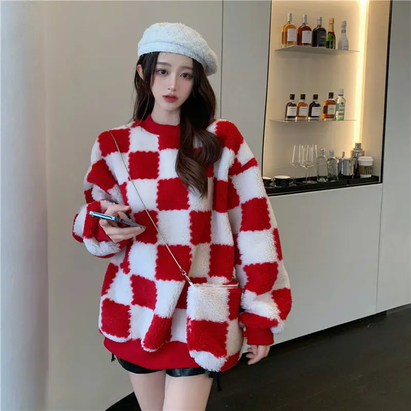 

Woman Knitted Plaid Print Sweaters Pullovers Female High Quality Warm O-neck Top Sweater Ladies Slim Long Sleeve Knitwear G285
