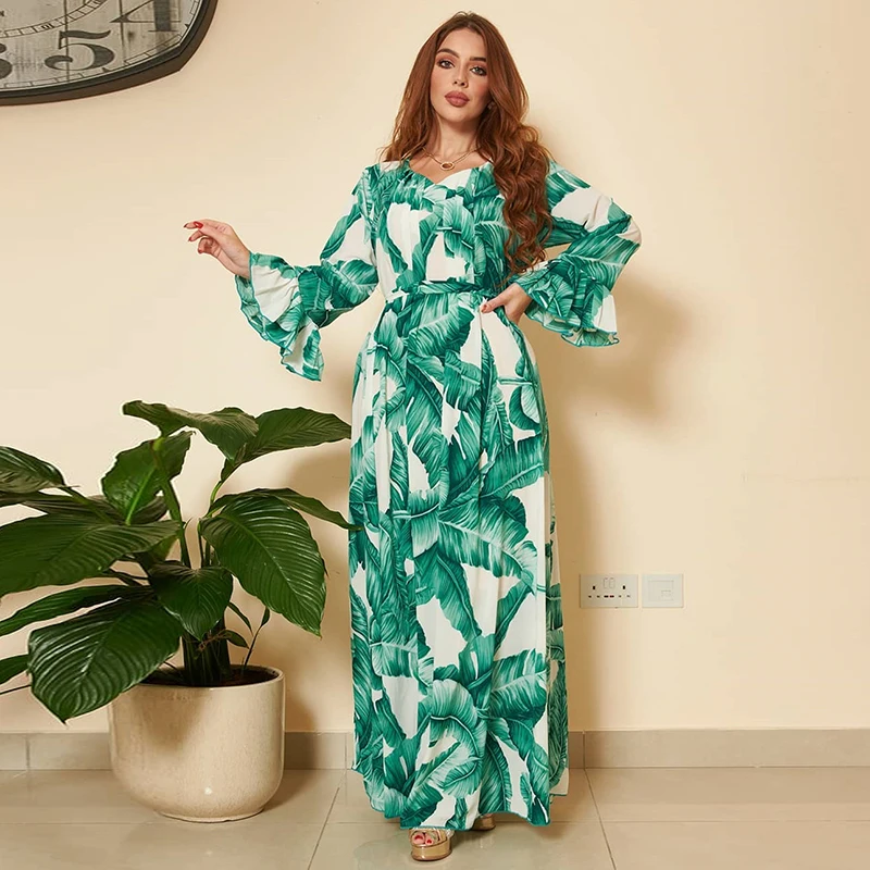 Printed Summer Abayas For Women Dubai 2022 With Belt Muslim Maxi Long Sleeve Fashion Hijab Dress Turkish Islamic Ladies Abaya