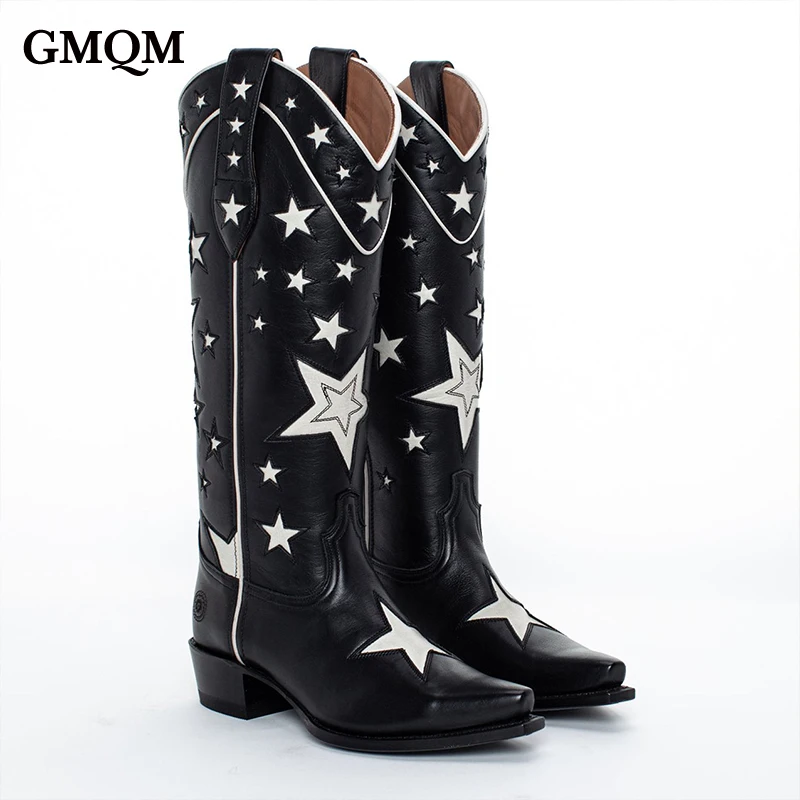 

Брендовые Модные женские ковбойские сапоги GMQM с принтом звезд, ковбойские сапоги на массивном каблуке, сапоги-гладиаторы, пикантные женски...