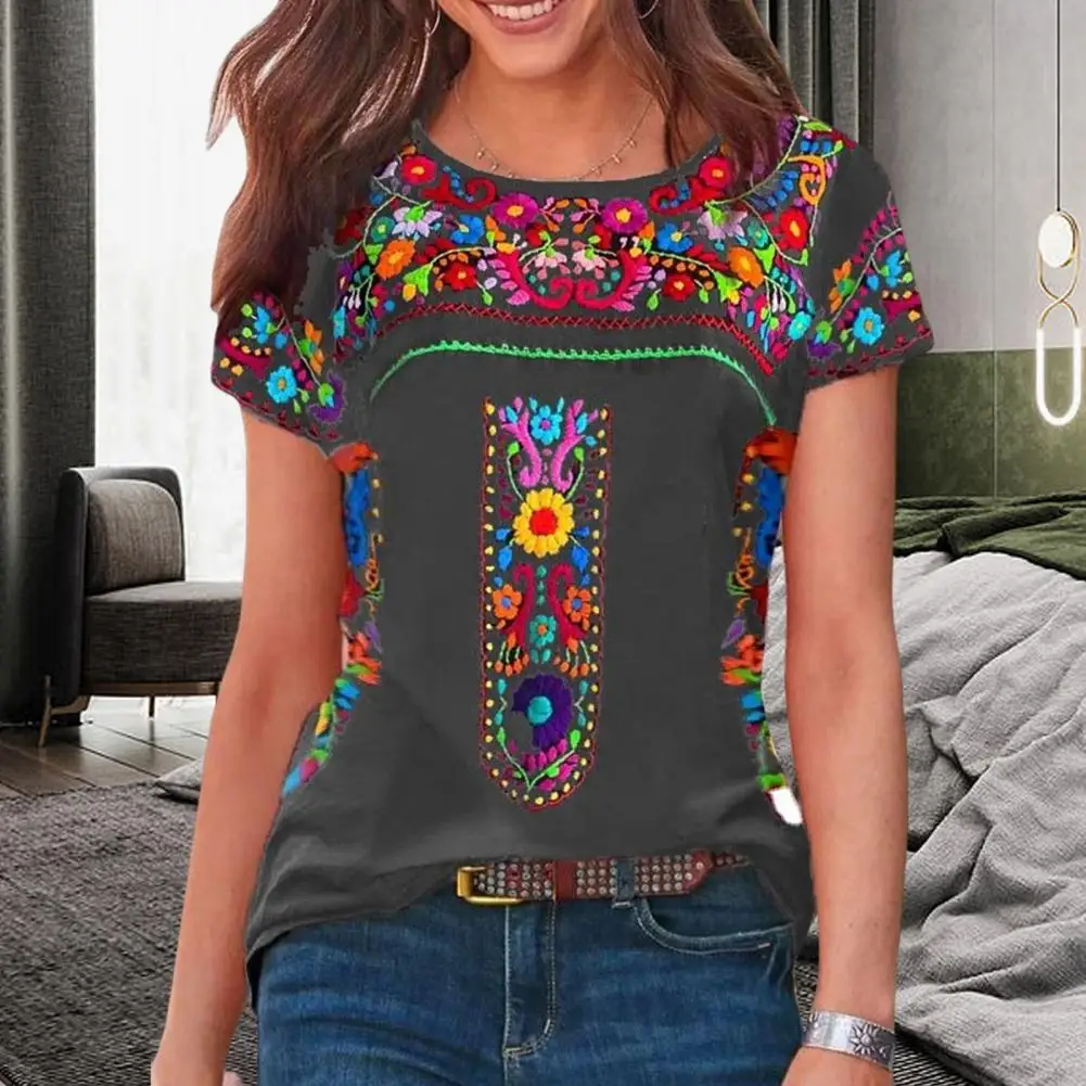 

Summer Women Top O-neck Short Sleeve Loose Fit T-shirt Vintage Boho Ethnic Floral Print Tee Shirt Female Clothing Workwear