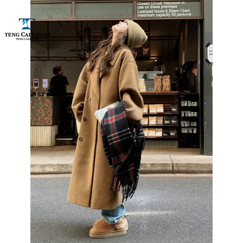 Лидер продаж шерстяное пальто длинное свободное толстое верблюжьего цвета в