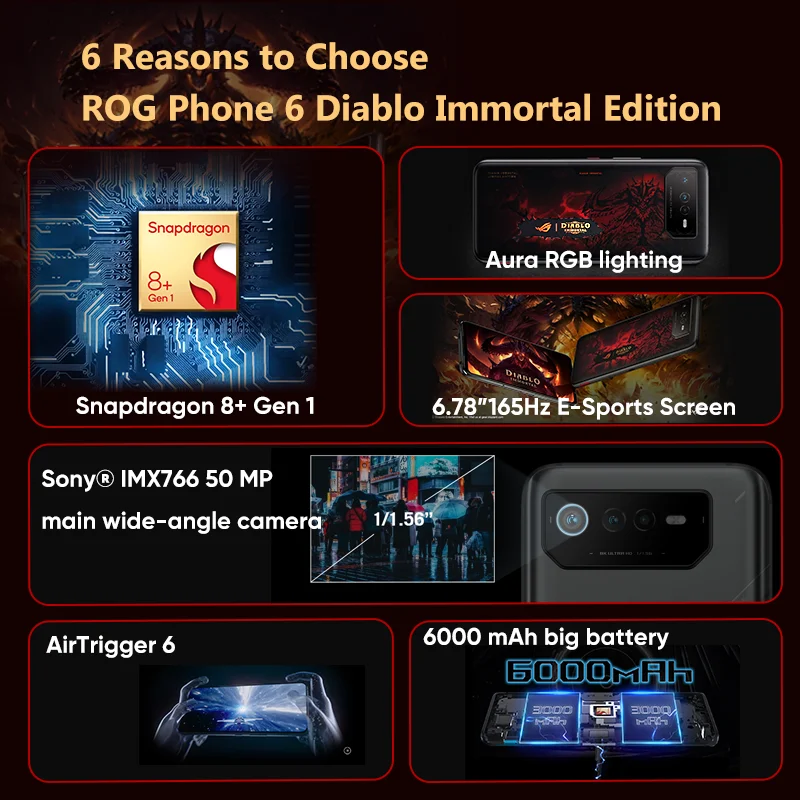 New arrived ASUS ROG Phone 6 Diablo Immortal Limited Edition Gaming phone Snapdragon 8+ Gen 1 165Hz AMOLED Screen 5G Mobilephone