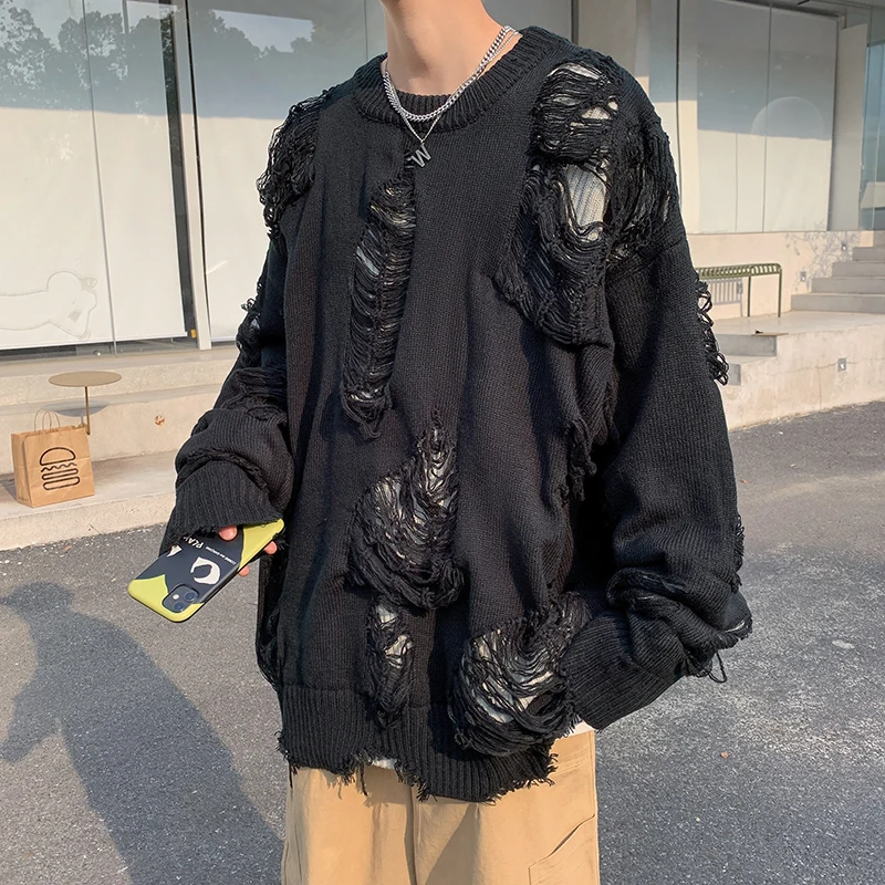 Knitted Sweater Men Fake Two Pieces Pullovers Winter Knitwear Hole Knitting All-match Design Simple Daily Leisure Clothes A99