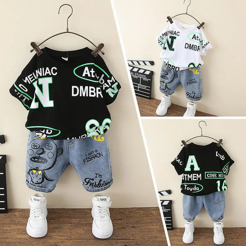 

Summer Boys Clothing Sets Letter jeans Shirt Set Print 2 PCS short sleeve T Shirt Pants Set Infant Toddler 3 4 5 11 12 Years.