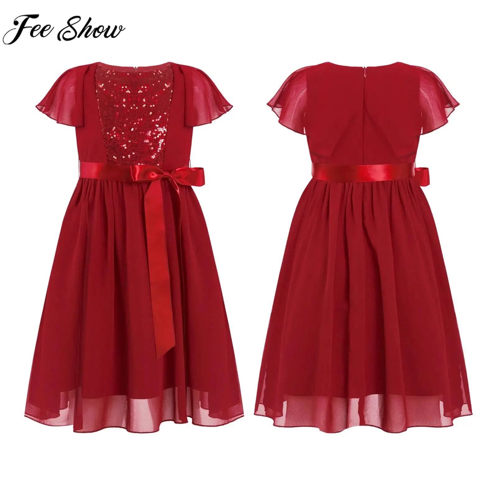 

Girls Wedding Birthday Party Dress Elegant Shiny Sequin Ruffle Sleeve Chiffon Evening Prom Princess Dress with Detachable Satin