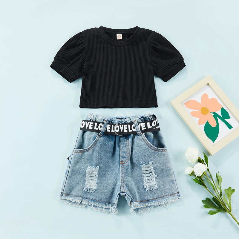 

1-6Y Fashion Girls Clothes Kids Summer Sets Short Puff Sleeve Knit Black Crop top Denim Ripped Shorts with Belt