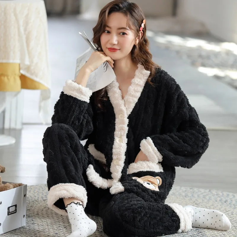 Комплект из двух предметов для женщин Фланелевая пижама осень и зима штаны с