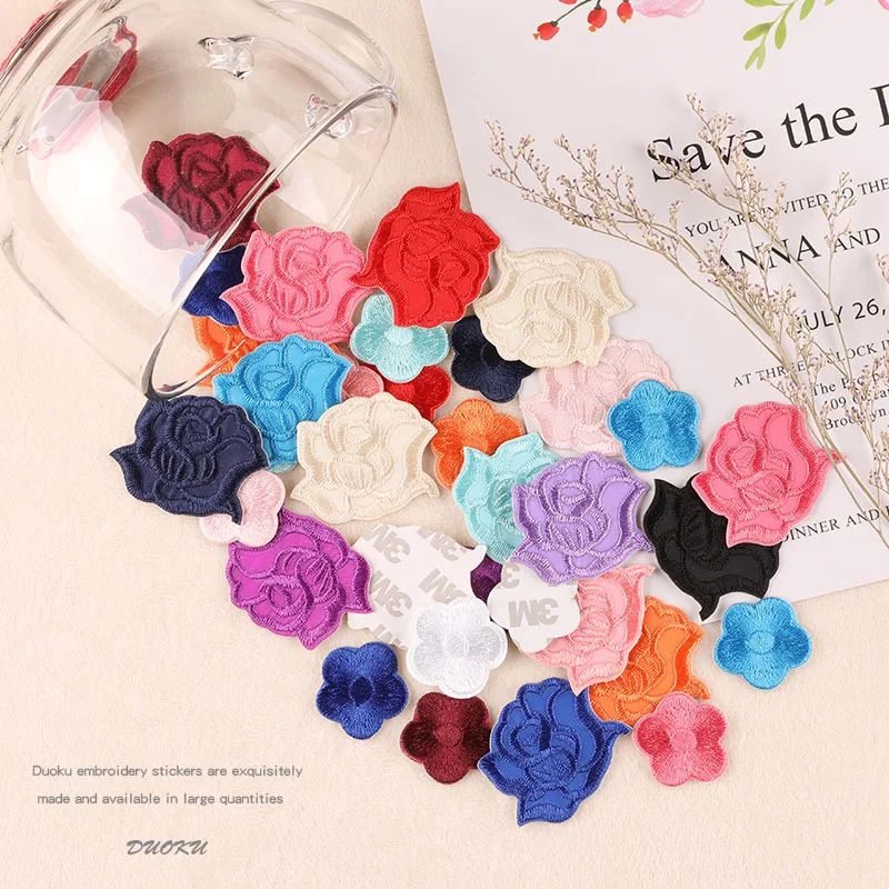 Self-adhesive 21 Colors 5pc Small Rose Flower Embroidered Patches for Clothes Hand Account Sticker Iron-on Clothing Stripe badge