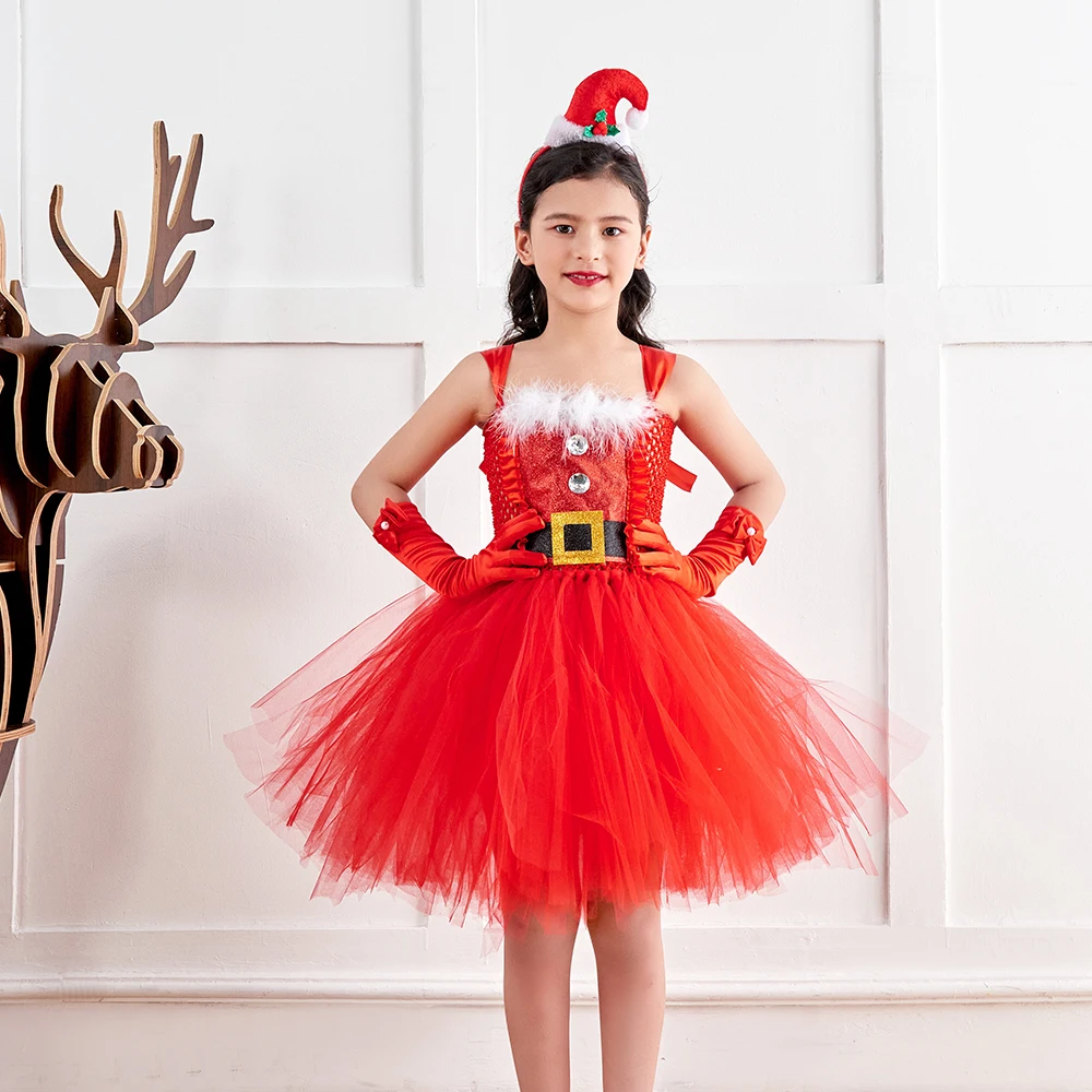 

Deluxe Girls Christmas Elf Tutu Costume Princess Kids Xmas Santa Claus Dresses for New Year Birthday Party Holiday Clothing