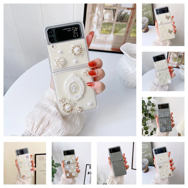 

Creative Stereo Pearl Butterfly Phone Case for Samsung Galaxy Z Flip 3 Z Flip 4 Hard PC Back Cover for ZFlip3 ZFlip4 Case Shell
