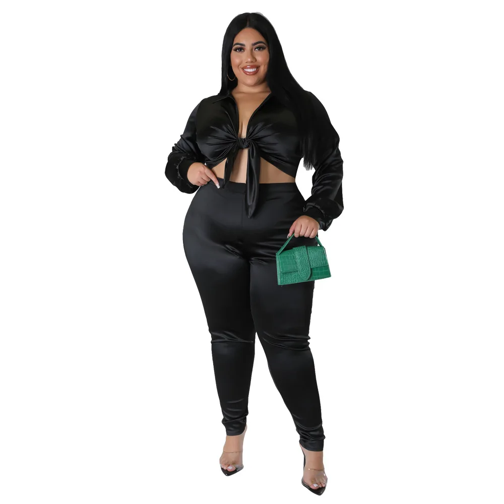 Plus Size Sets Solid Turn-down Collar Elastic Waist Set of Women's Clothing 2 Pieces Full Slim Fit Sexy Plus Size Two Piece Sets