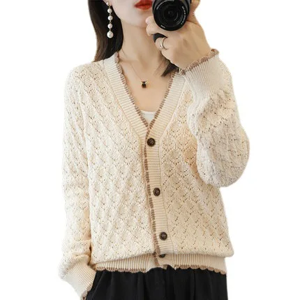 

2022 Autumn New Female Retro Hollow Fashion Simple Blended Cotton Long-sleeved Sweater Loose Large Size Short Cardigan Jacket