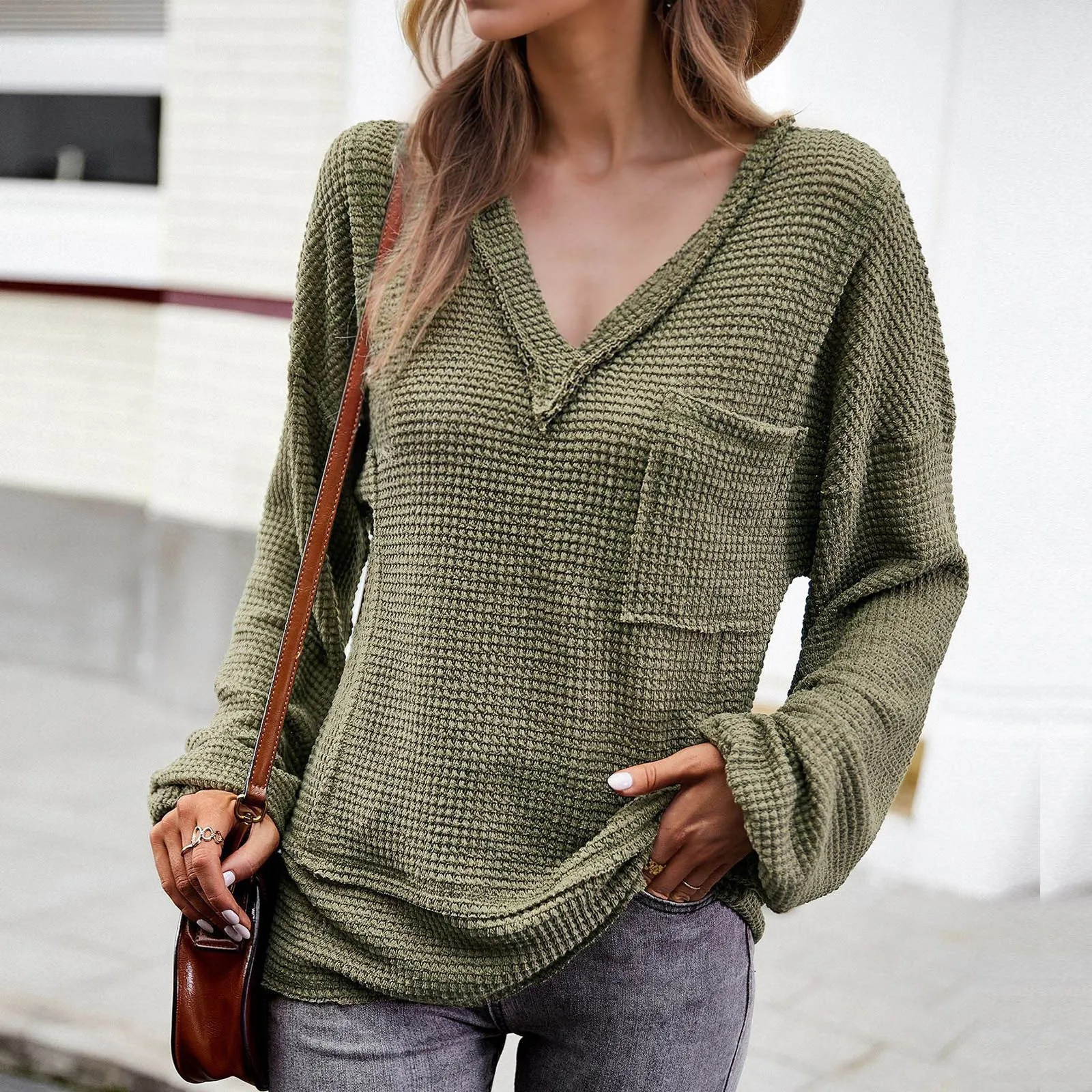 

Женский однотонный трикотажный топ с V-образным вырезом и длинным рукавом, пуловер, Свитшот