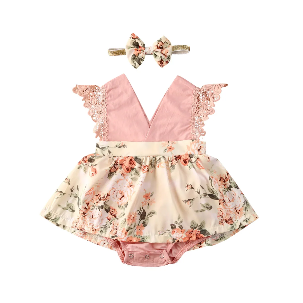 

Baby Girls Floral Print Romper Dress V Neck Lace Sleeve Princess Bodysuit Jumpsuits Headband 0-24M Newborn Infant Toddler Outfit