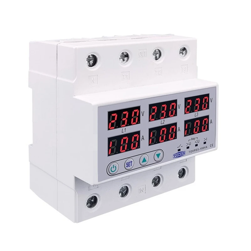 

TOMZN Din Rail 3 Phase Voltage Relay 380V Voltmeter Ammeter over and Under Voltage Monitor Relays Protector 100A