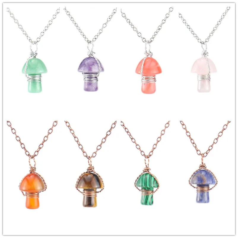 

10pcs Wire Wrap Carving Mushroom Pendant Reiki Healing Crystal Tiger Eye Rose Quartz Opal Aventurines Necklace for Women Jewelry