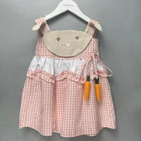 Children Boutique Clothing Summer Girl Cotton Pink Plaid Sleeveless Dress Supper Cute Bunny Radish Skirt Baby Outfit For 18m-6T