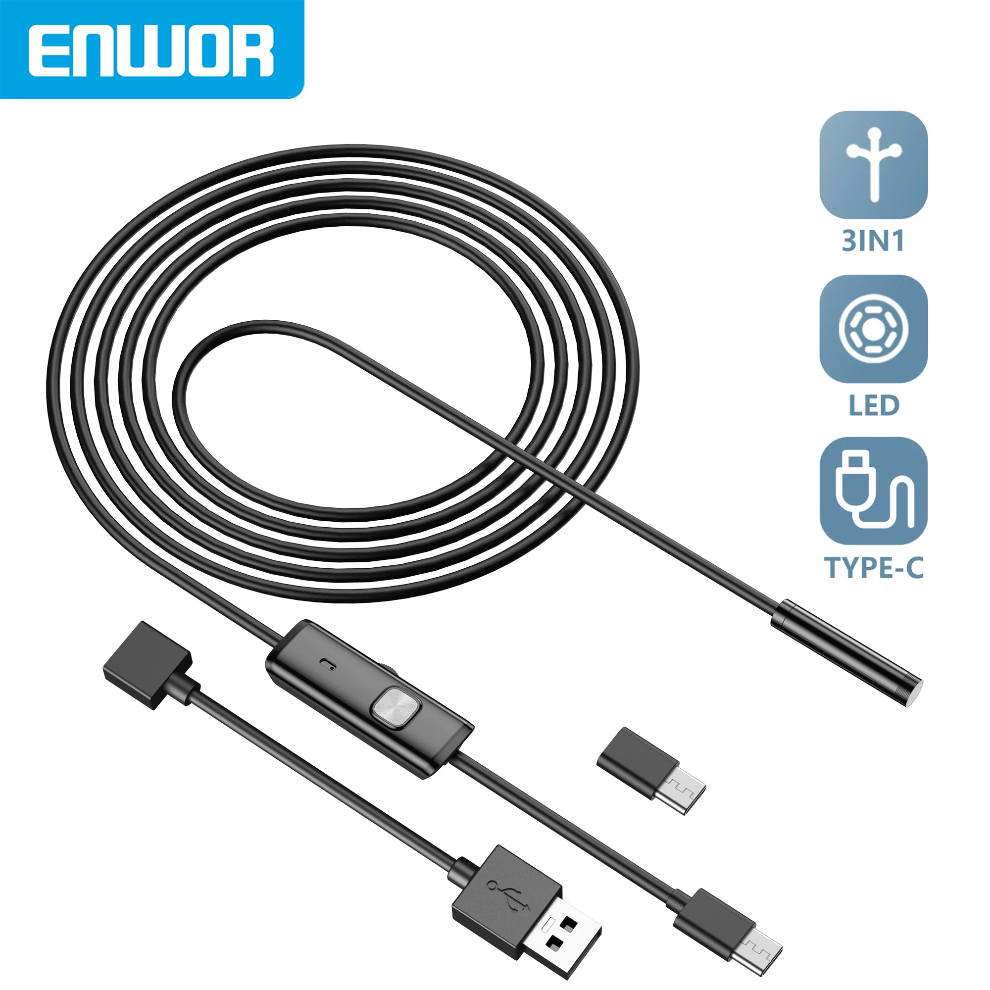 ENWOR Industrial Endoscope Camera IP67 Waterproof 5.5mm 7mm 3IN1 For Android Phones PC USB Endoscope Camera 6LEDs Adjustable