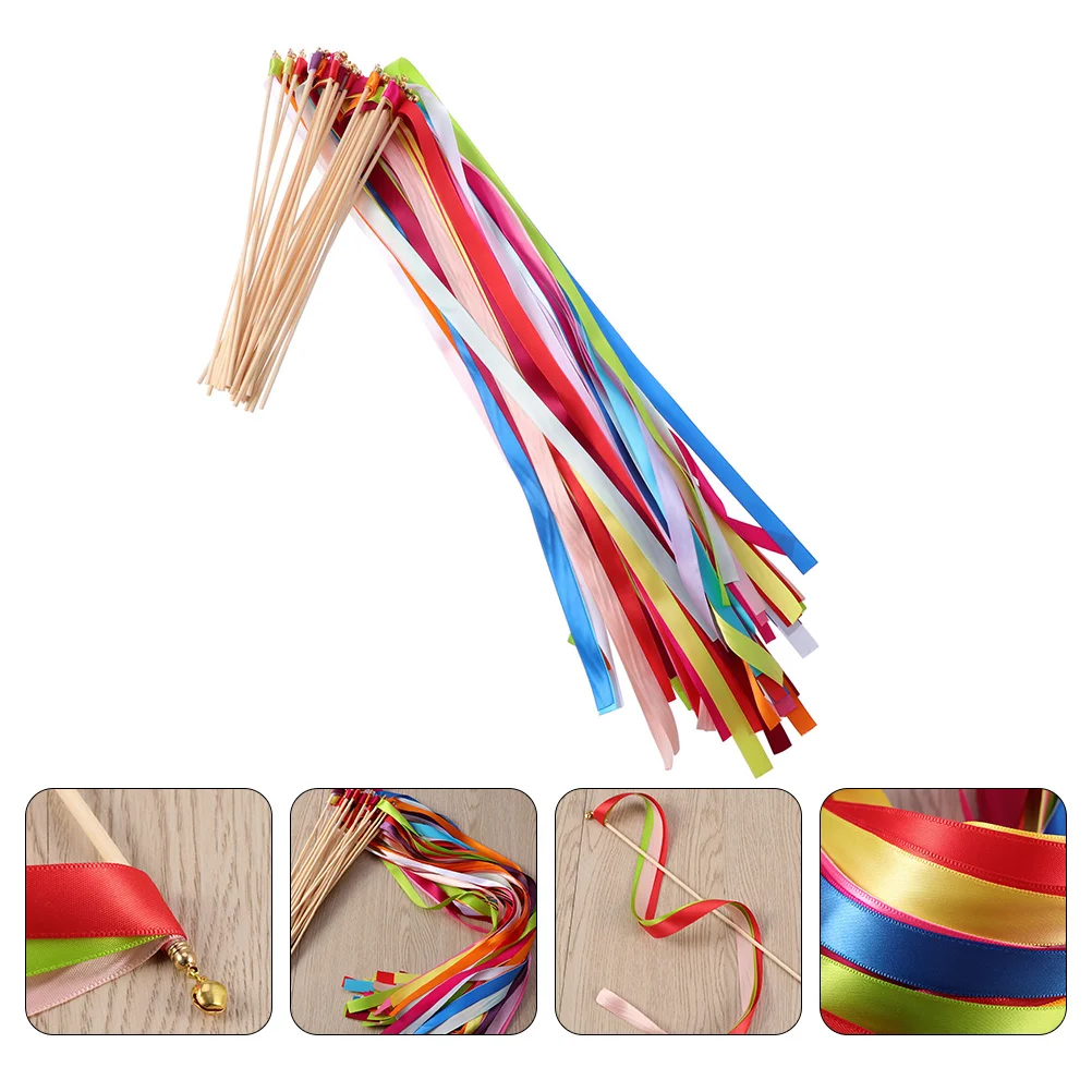 

20 Pcs Ribbon Fairy Wand Prom Props Wands Bells Wedding Streamers Party Sticks Swing Wooden Toddler
