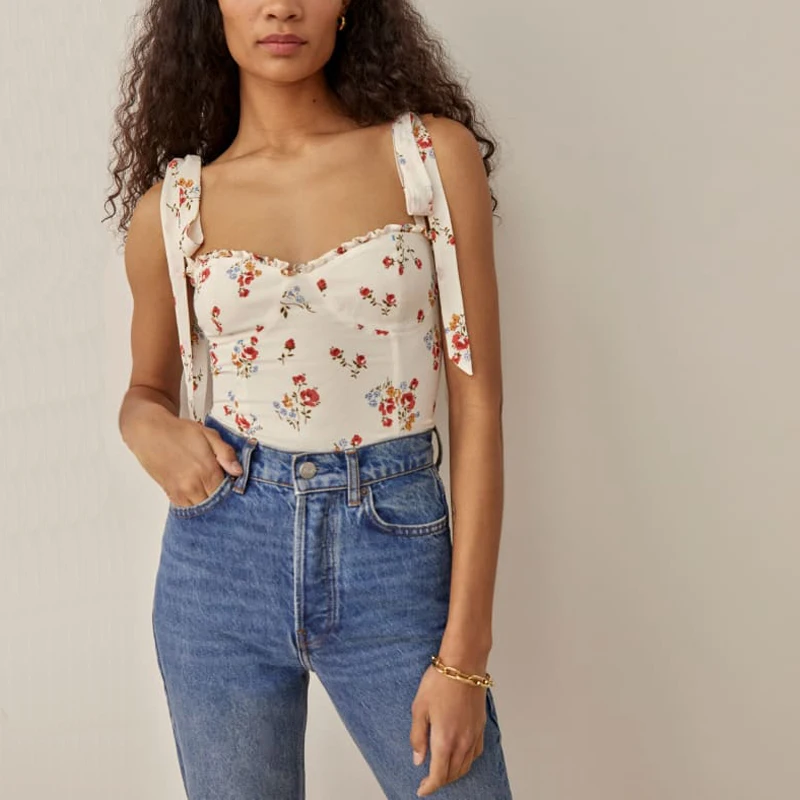 

Summer women's casual printed ruffle trim slim camisole