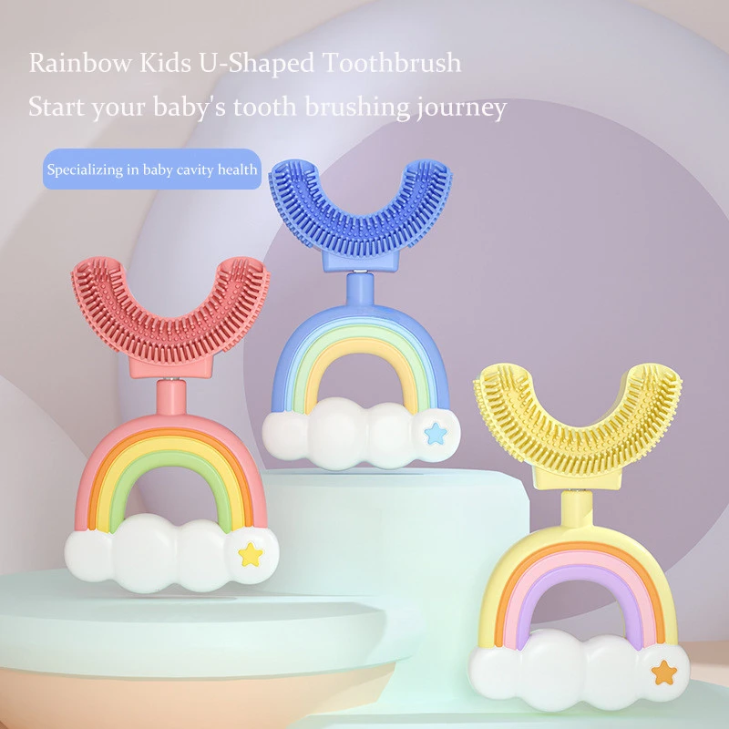 

Kid Toothbrush Manual U-Shape Infant Teethbrush Children Teeth Oral Care Cleaning Brush Cartoon Raindow Baby Silicone Teether