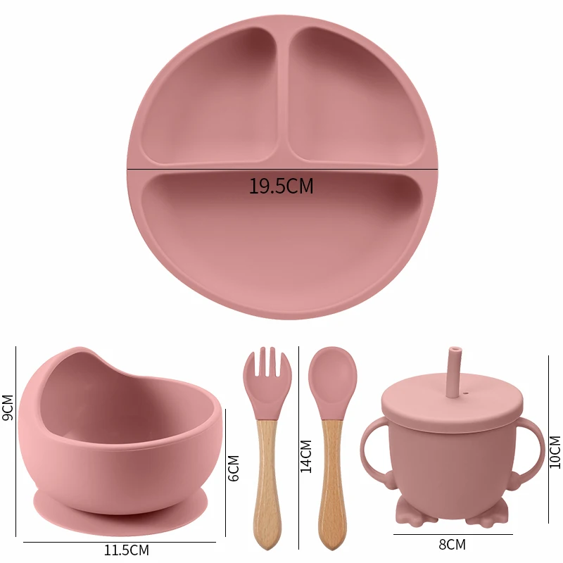 Solid Color Baby Silicone Bowl Divided Plate Feeding Bowl Straw Cup Fork Spoon for Toddlers Training BPA Free Tableware Set images - 6
