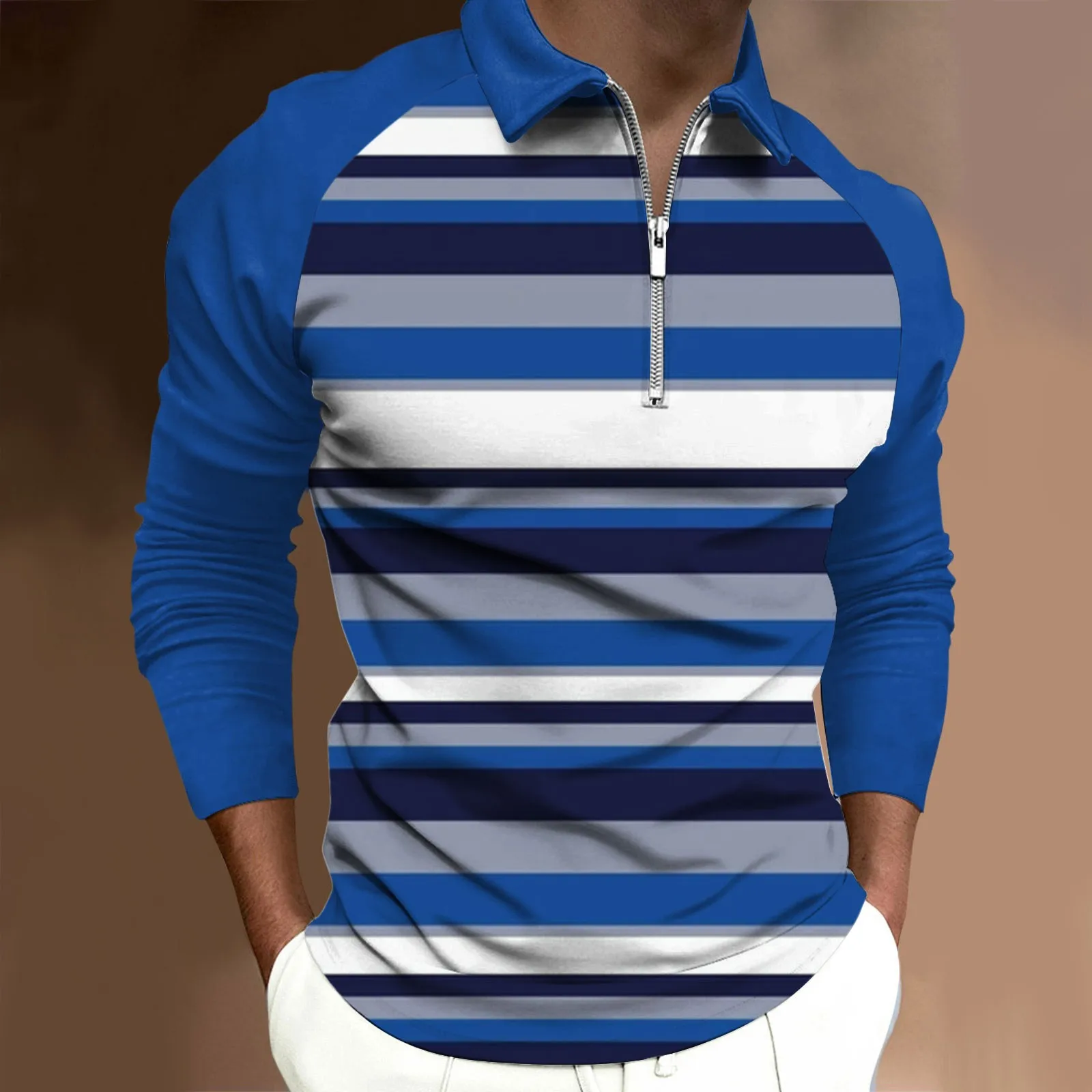 

White Plain T Shirts for Men Mens Fashion Casual Sports Digital Print Lapel Raglan Zipper Long Sleeve Top Top Selling Mens