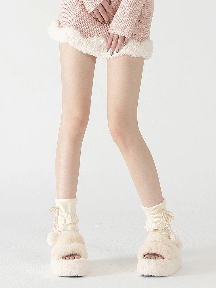 Mo Xiu Foot Sock Pile Socks Women Autumn and Winter Fur Ball Bow Lace Gyaru Sle Cute Ankle White Leg Warmer