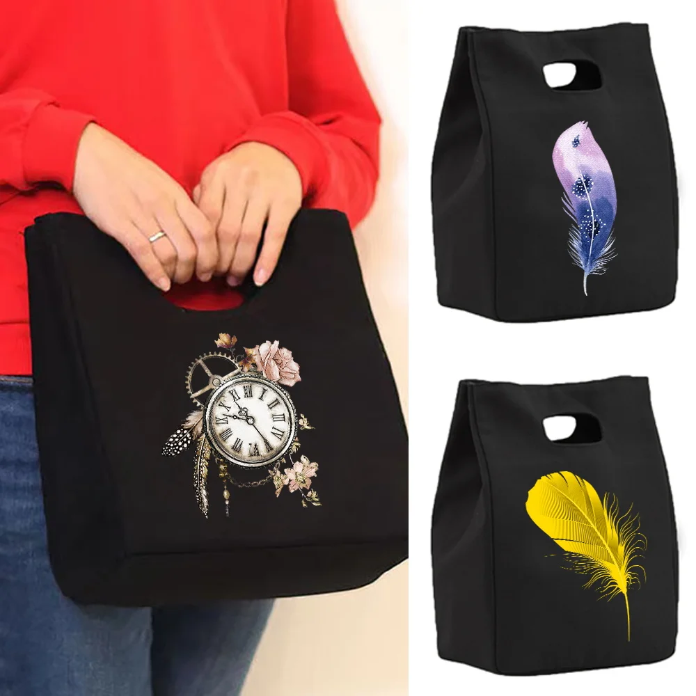 

Insulated Canvas Lunch Bag for Women's Functional Lunch Box Portable Thermal Food Picnic Bag Feather Pattern Storage Pouch
