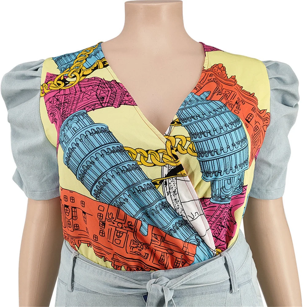 Plus Size Sets Denim Two Piece Set Puff Sleeve Patchwork Crop Top and Jeans Matching Suit Wholesale Item 3xl 4xl 5xl 6xl