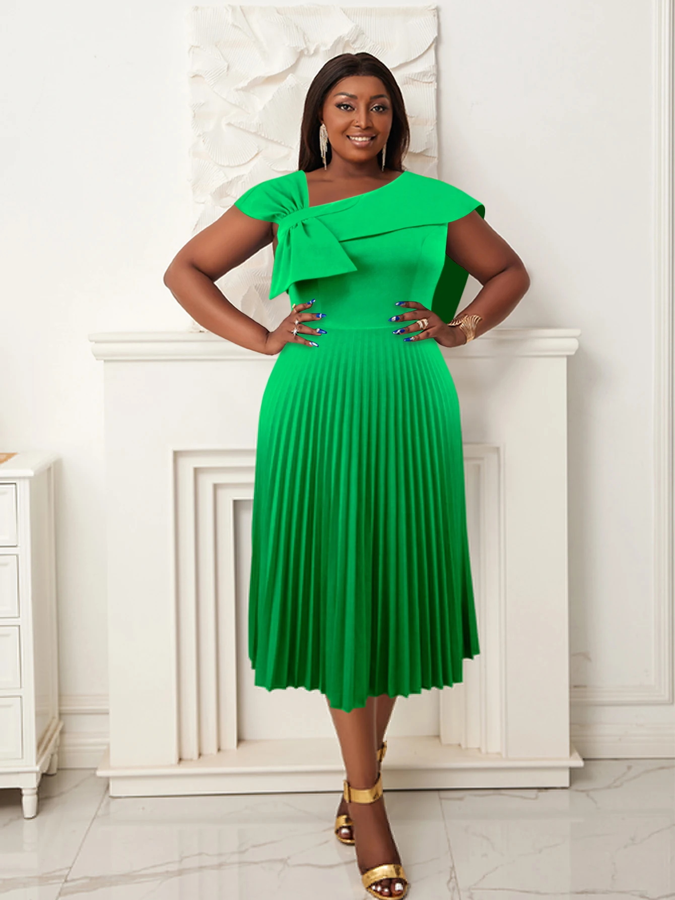 Elegant Women Sleeveless Bow Pleated Dresses Diagonal Collar Green Midi Fashion African Ball Gowns Event Party Birthday Robes