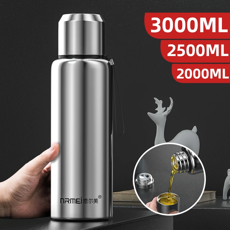 2L 3L Large Capacity Thermos Stainless Steel Vacuum Flask Outdoor Portable Car Coffee Water Bottle Rope Filter Insulated Bottle